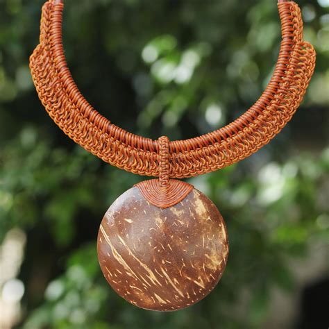 Burnt Orange Leather and Coconut Shell Statement Necklace - Rustic Moon | NOVICA