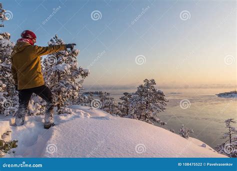 Winter on lake Ladoga stock photo. Image of sunset, artsvet - 108475522