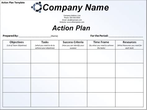 Simple Business Action Plan Template Sample with Company Logo and Period Time and 5 Points ...