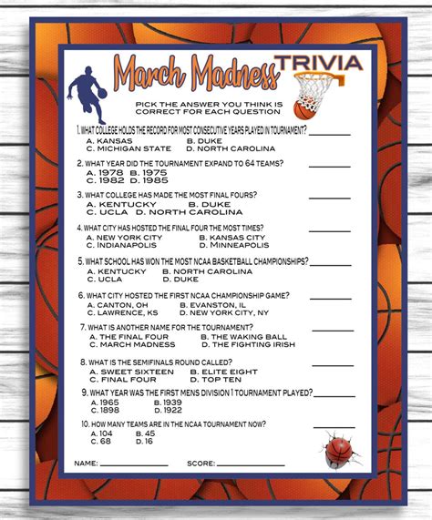 March Madness Party Trivia Game, Basketball Trivia, NCAA Trivia, Print ...