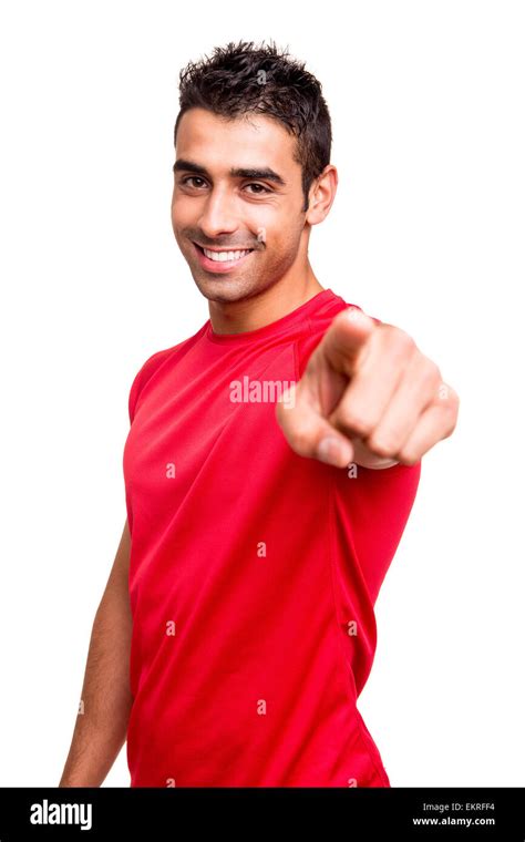 Man pointing front over white background Stock Photo - Alamy