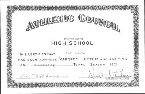 Varsity Letter Award Certificate | Worthington Memory