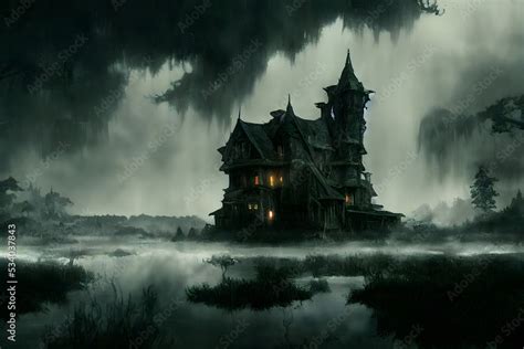 Haunted Mansion in the Middle of a Swamp Concept Art Illustration Stock ...