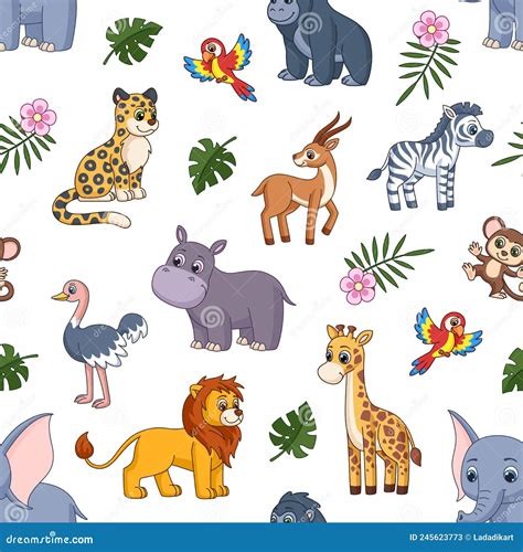 Cartoon Jungle Animal Print. Lion, Elephant and Zebra. Kids Wild Zoo Characters, Safari Leopard ...