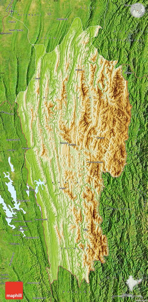 Physical Map of Mizoram, satellite outside