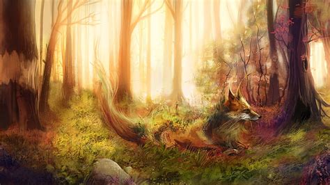 HD wallpaper: Art painting, fox, forest, trees, grass, rocks | Wallpaper Flare