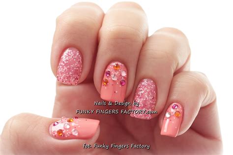 Peach Pink Glitter nails by www.funkyfingersfactory.com Wedding Nails Pink Glitter, Glitter ...