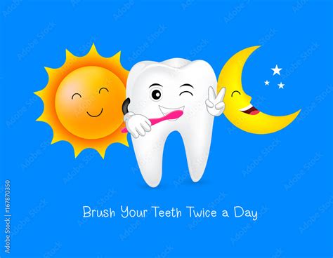 Tooth character with sun and moon. Brush your teeth twice a day, daily ...