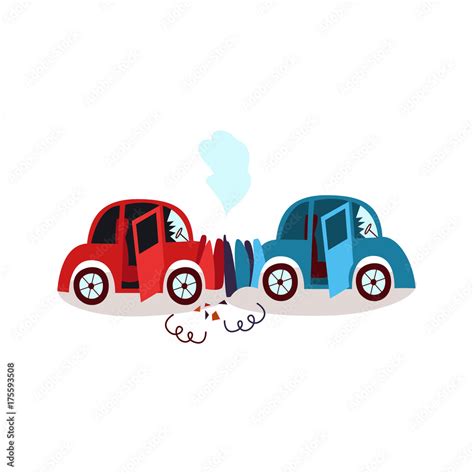 vector flat cartoon car crash in head-on collision, accident. Both have ...