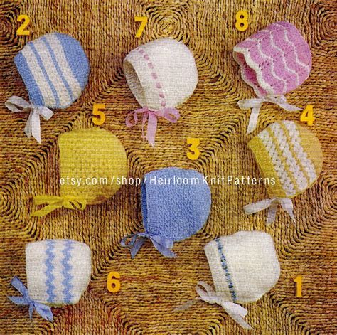 8 Baby Bonnets Vintage Knitting Pattern Traditional Classic Baby Girl ...