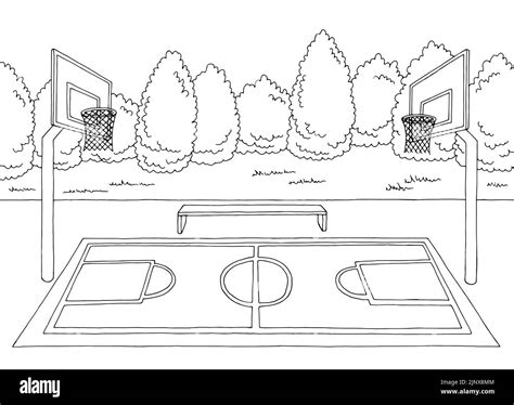 Basketball court sport graphic black white landscape sketch ...