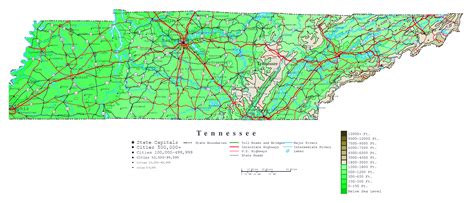 Large detailed elevation map of Tennessee state with roads, highways ...