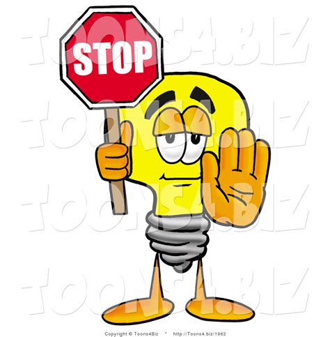 Illustration of a Cartoon Light Bulb Mascot Holding a Stop Sign by Toons4Biz - #1962