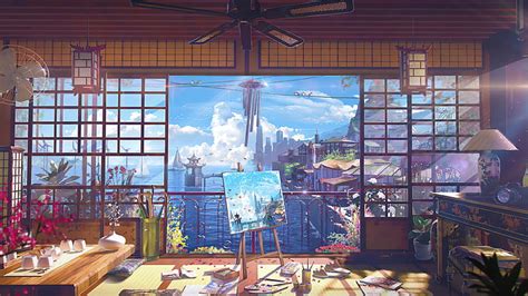 HD wallpaper: ocean view, room, digital art, anime, painting, clutter ...