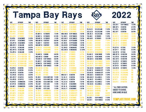 Printable 2022 Tampa Bay Rays Schedule