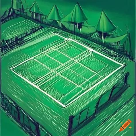 Sketch of a lawn tennis court with spectators in a stadium