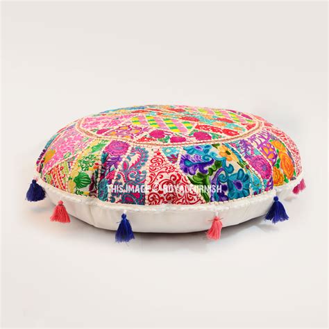 32" White Bohemian Patchwork Round Floor Pillow Cover - RoyalFurnish.com