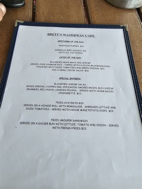 Menu at Brett's Waterway Cafe, Fernandina Beach