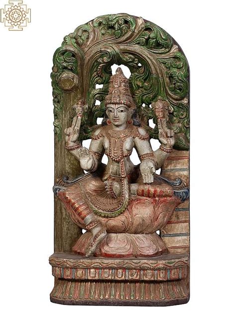 24" Wooden Lord Vishnu Seated on Lotus | Exotic India Art