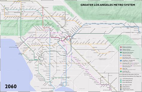 One proposed image of the LA Metro Rail system by 2060. (From the Medium website) : r/transit