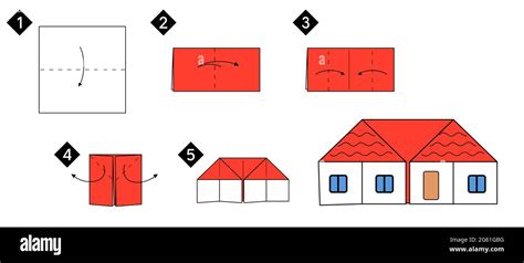 Step by step how to make origami house. Vector blzck line color ...