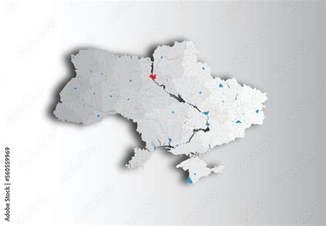 Map of Ukraine with rivers and lakes. The map shows oblasts and small ...