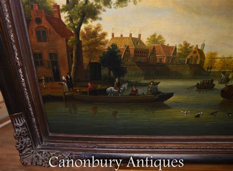 Pair Antique Dutch Oil Paintings Boat Scenes Riverscape 1860