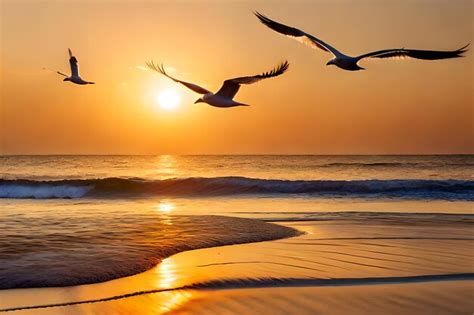 Premium AI Image | birds flying over the ocean at sunset