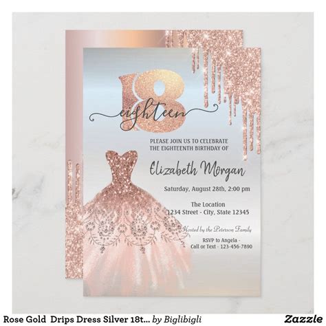 Rose Gold Drips Dress Silver 18th Birthday Invitation | Zazzle | Gold invitations birthday ...