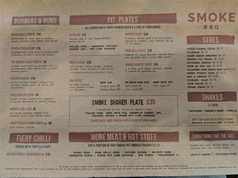 Menu at Smoke BBQ, Sheffield