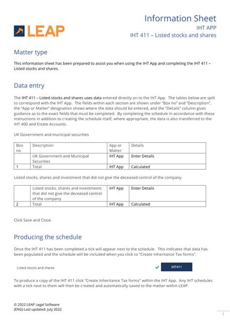 IHT App - IHT 400s Information Sheets