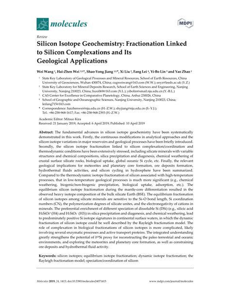 (PDF) Silicon Isotope Geochemistry: Fractionation Linked to Silicon Complexations and Its ...