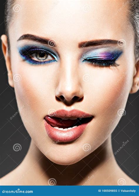 Beautiful Woman with Blue Makeup of Eyes Stock Image - Image of ...