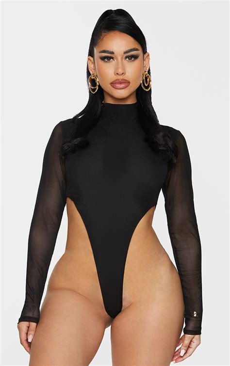 Shape Black Mesh High Leg Long Sleeve Bodysuit | PrettyLittleThing CA