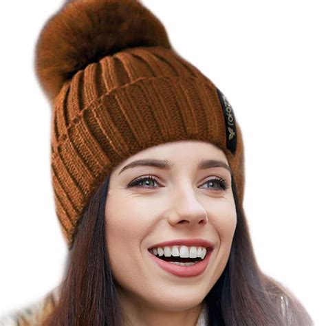 Buy Winter Beanie Pompom Hat Women Detachable Faux Fur Ball (Brown) at Amazon.in