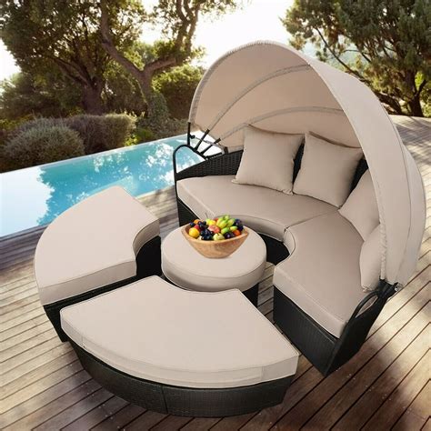 Costway Outdoor Mix Brown Rattan Patio Sofa Furniture Round Retractable Canopy Daybed - Walmart ...