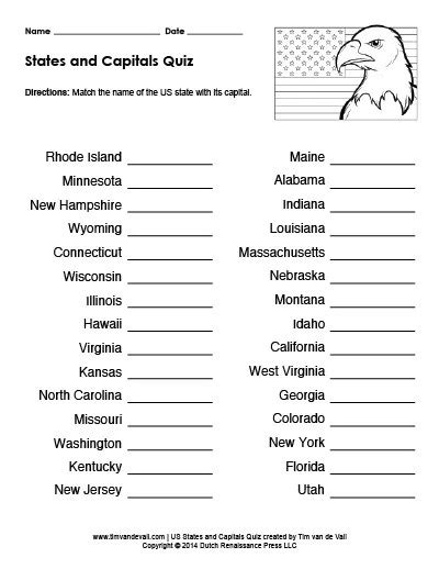 Printable US States and Capitals Quiz | Practice Test PDF