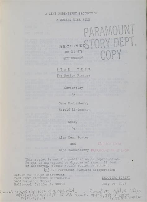 Lot - 'STAR TREK: THE MOTION PICTURE' SHOOTING SCRIPT