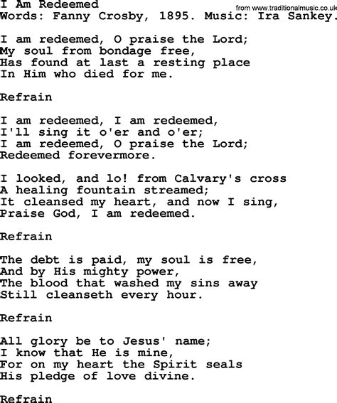 I Am Redeemed, by Fanny Crosby - hymn lyrics