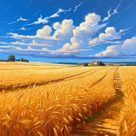 Premium AI Image | a painting of a wheat field with a barn in the background.