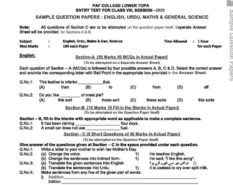 Past Papers PAF College Lower Topa 8th Class | Sample Paper Download ...