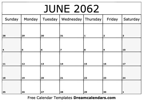 June 2062 Calendar - Free Printable with Holidays and Observances