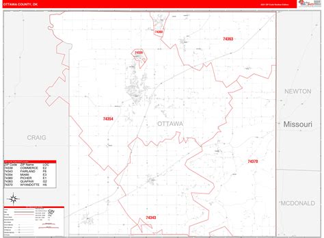 Ottawa County, OK Zip Code Wall Map Red Line Style by MarketMAPS - MapSales.com