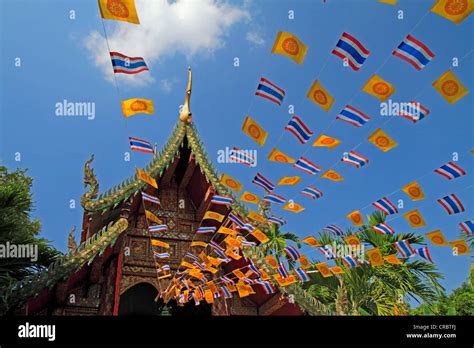 Buddhist Temple Wat Umung with Thai flags, Chiang Mai, Northern Thailand, Thailand, Asia Stock ...