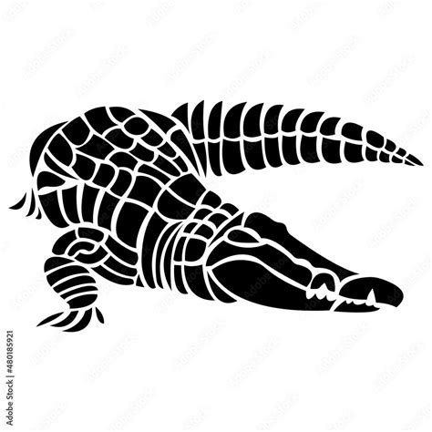 The silhouette of an alligator, the outline is drawn with various lines in black on a white ...