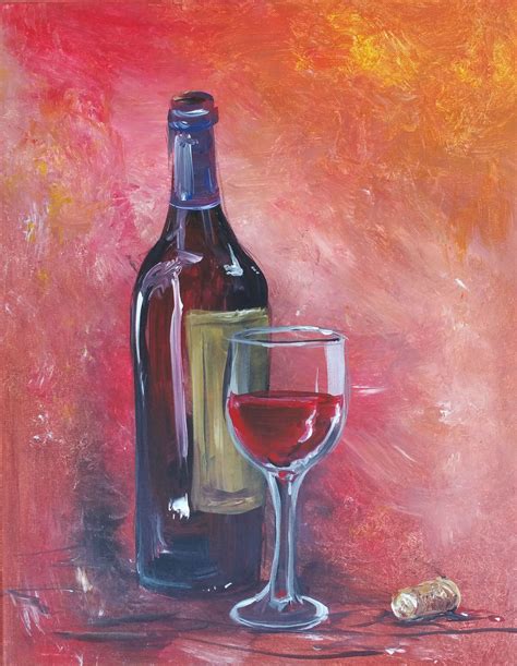 a painting of a wine glass and bottle on a red tablecloth with a cork