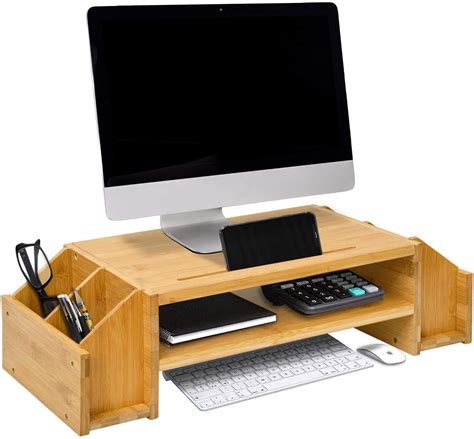 Bamboo Monitor Stand with Storage Drawers for iMac, Laptop, Printer ...