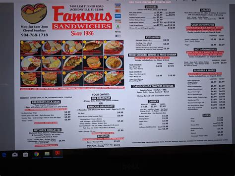 Menu at Famous Sandwiches restaurant, Jacksonville, Lem Turner Rd