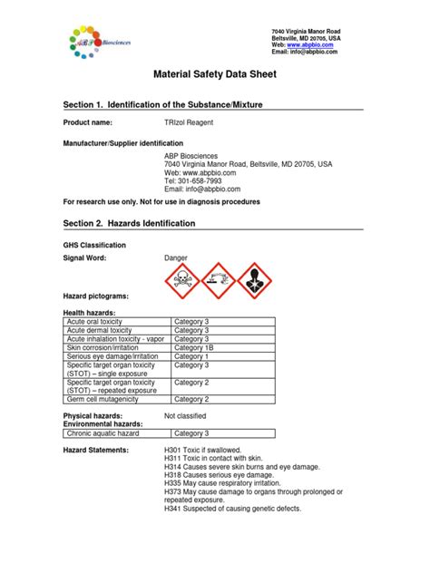 Msds TRIzol Reagent | PDF | Toxicity | Personal Protective Equipment