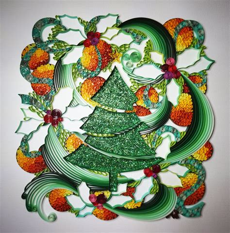 Handmade paper quilling Christmas tree (green and orange), framed in shadow box, christmas gift ...